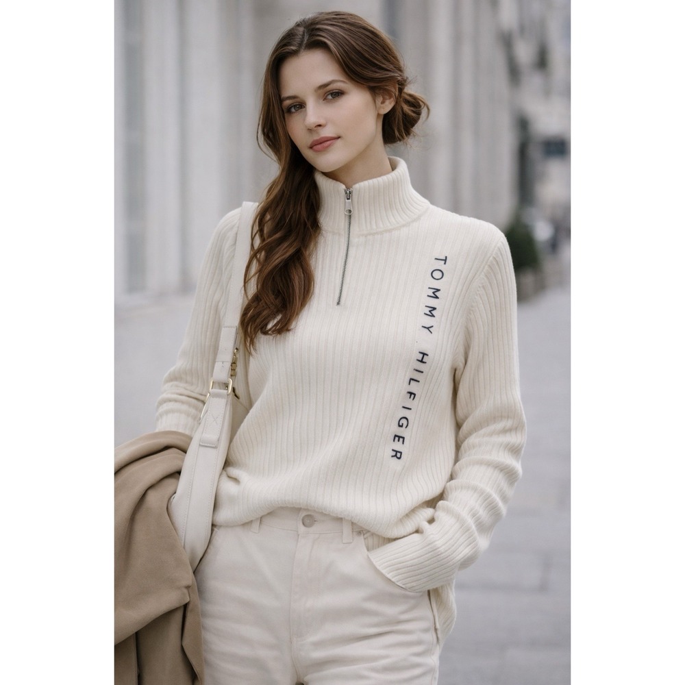 Tommy Hilfiger Sweater Womens M Ivory Logo Ribbed Half Zip Minimalist